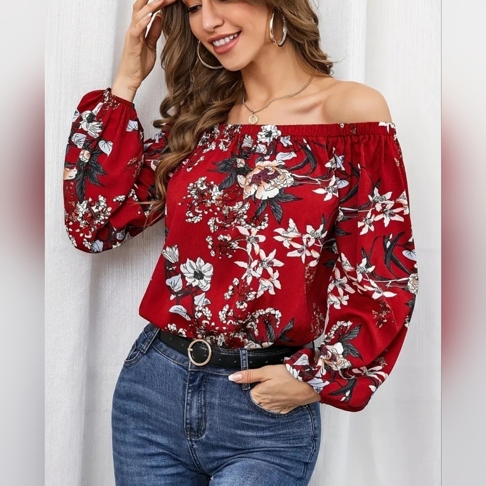New Floral Print Women's Off Shoulder Red Long Sleeve Cottagecore Blouse Medium